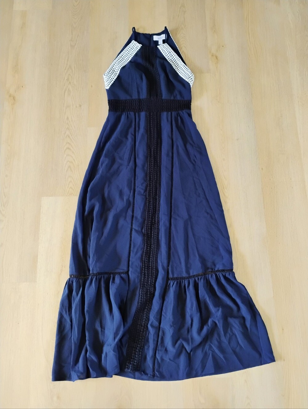 Badgley Mischka Navy Maxi Dress with White Crochet Trim NWT
